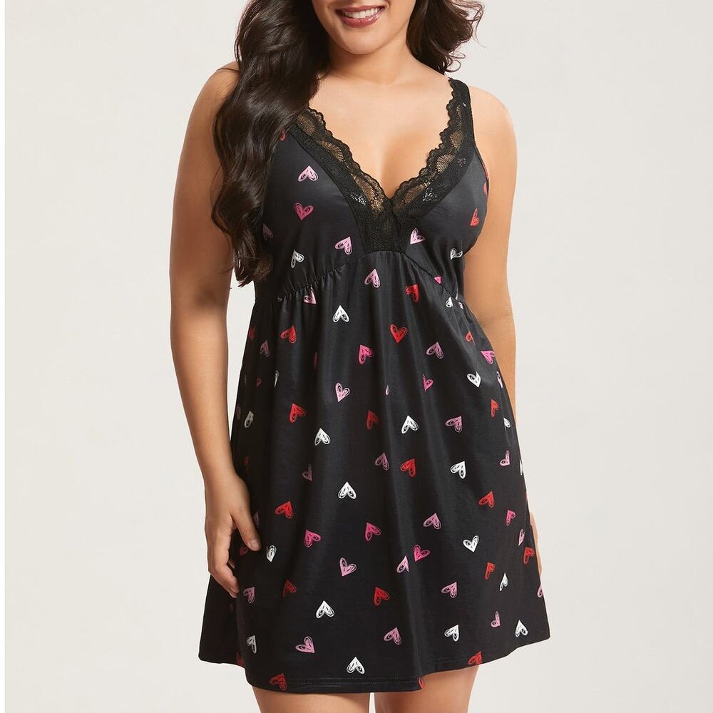 NEW Bloomchic Black Heart Print Nightgown Lace Short Slip Nightie Sz 18-20